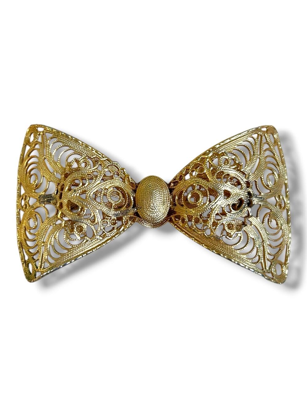 Vintage Czech Brass Filigree Bow Brooch Pin Art Deco Gilt Bowtie Jewelry 1930s